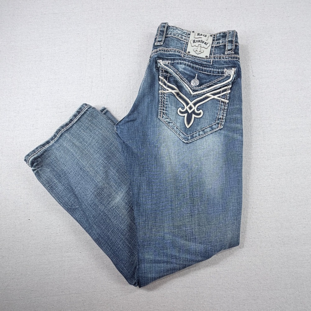 Rock Revival Julian Relaxed Straight Jeans Mens Size 35 Embroidered